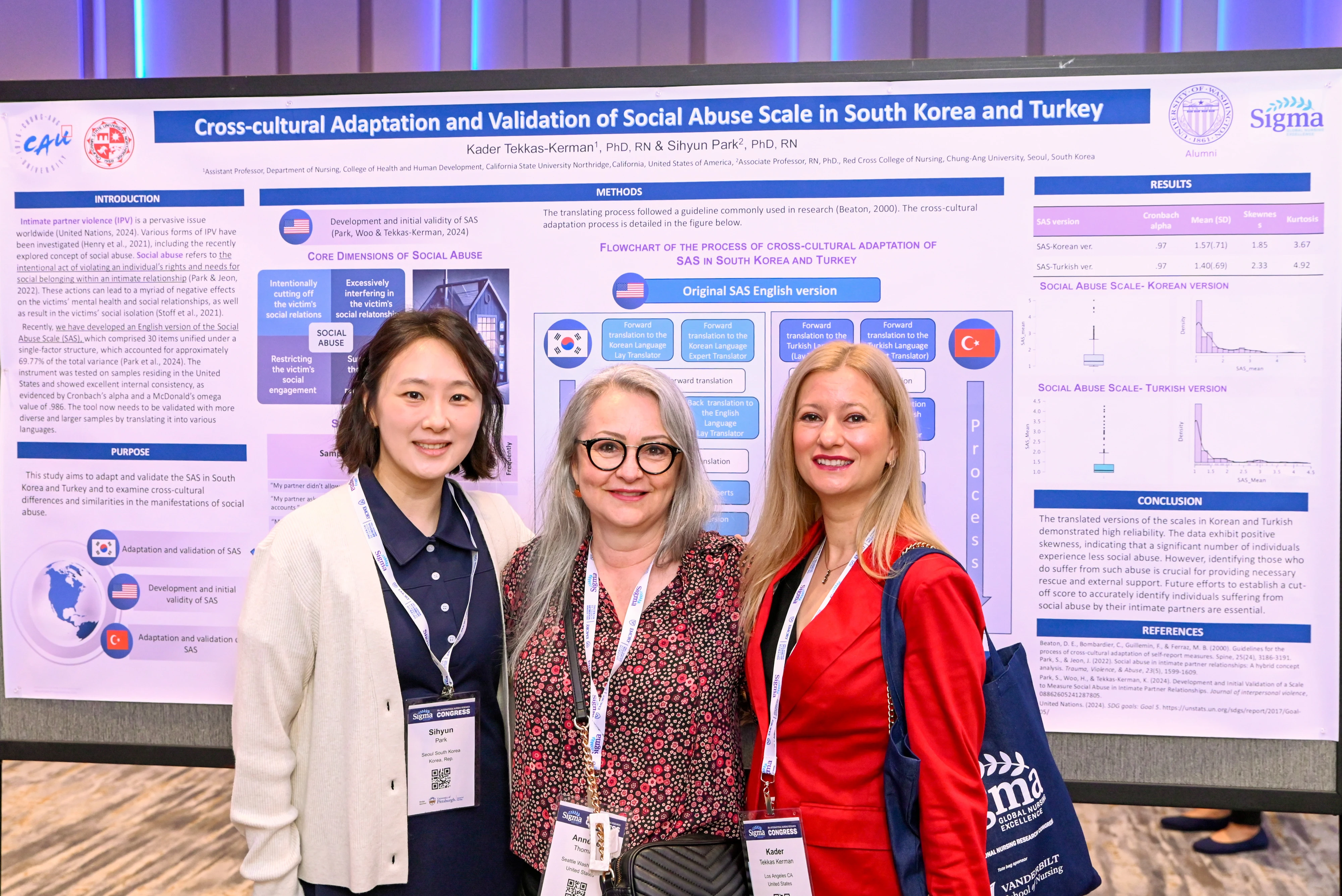 Three woman standing and smiling in front of a conference research board.